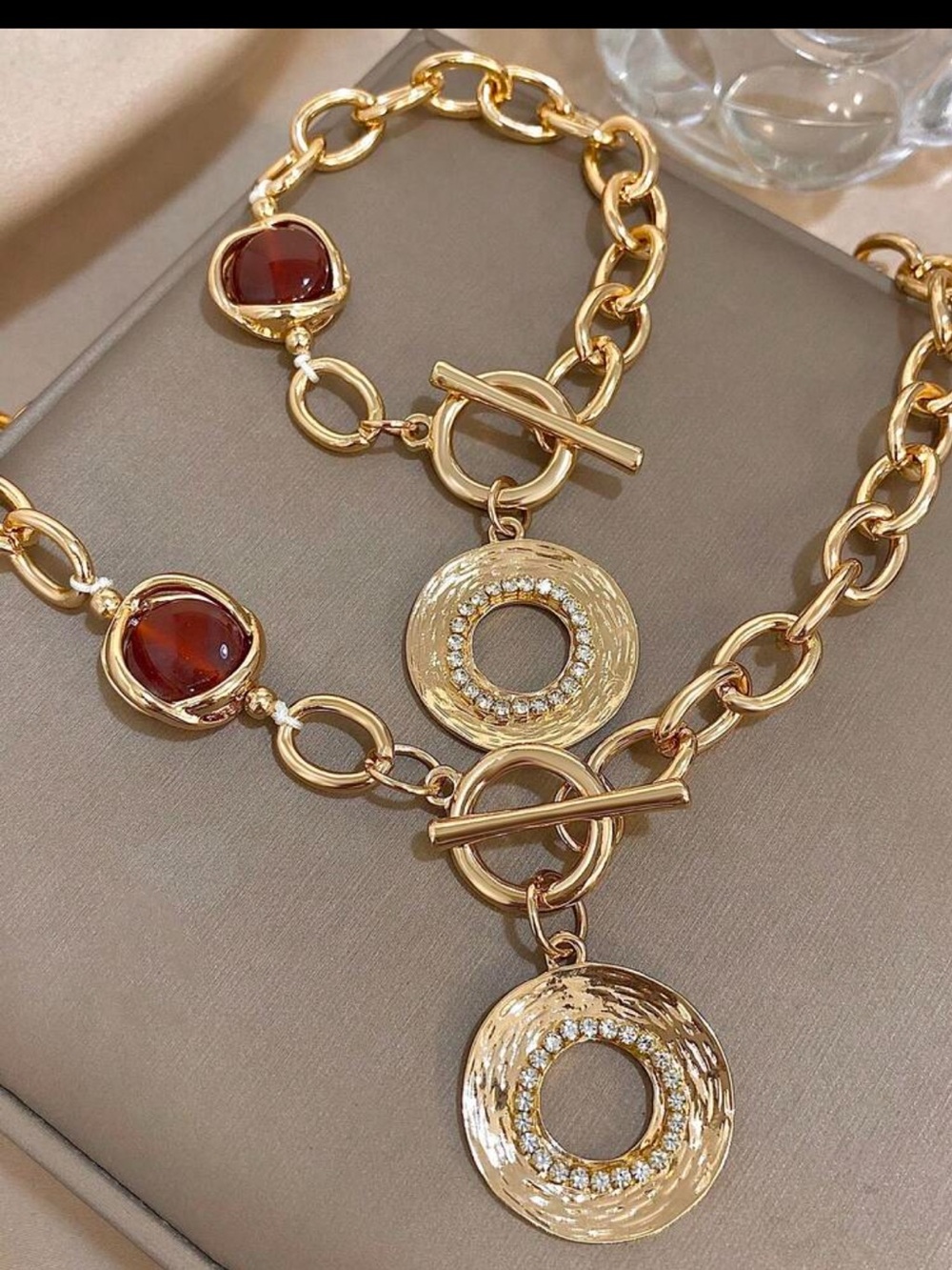 Gold-Tone Toggle Necklace bracelet set with Amber Accents nwt